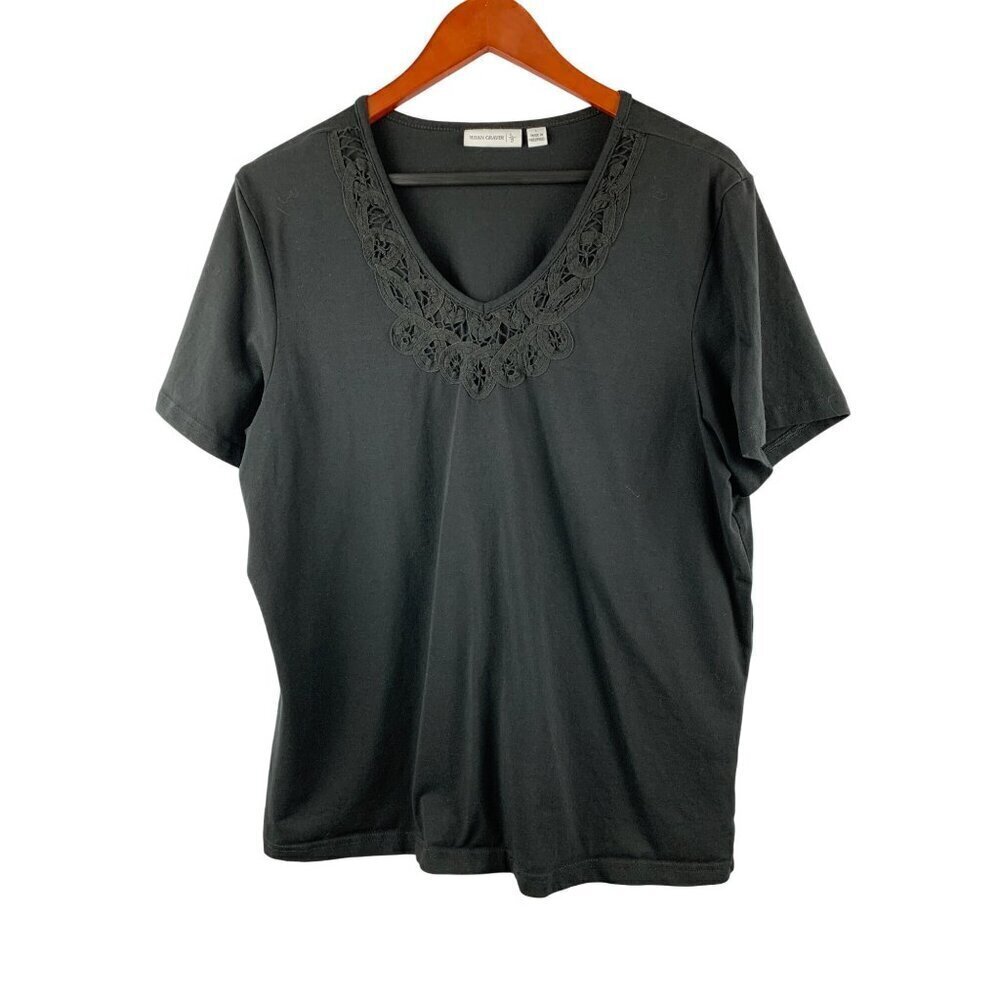 Susan Graver Womens Black V-Neck Short Sleeve Top With Lace Detail Size L